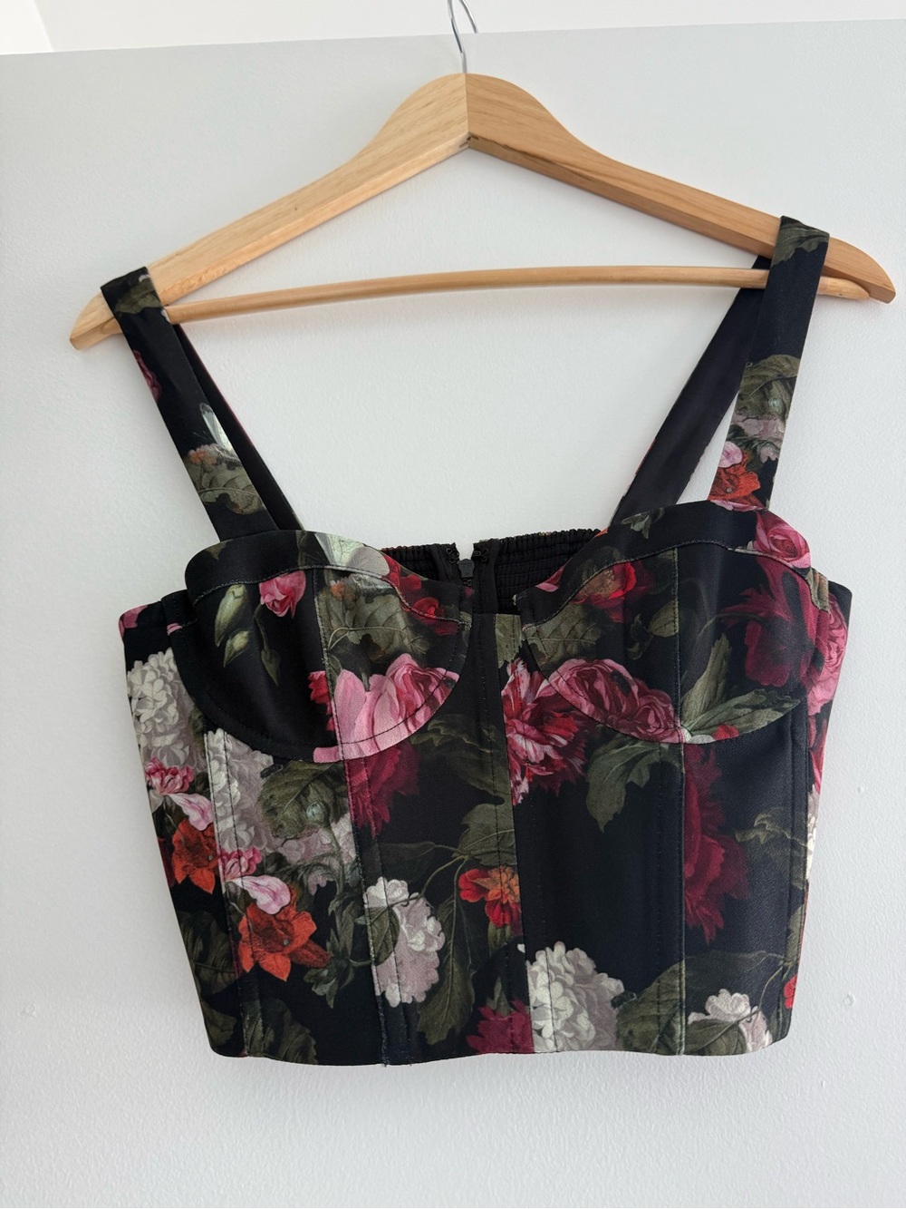Alice + Olivia Black Floral Bustier Crop Top with Pink & Green Accents